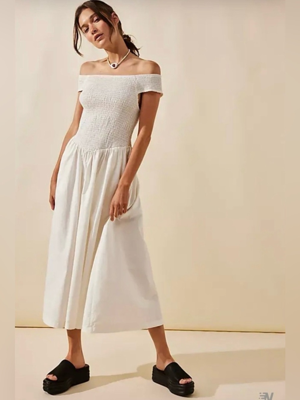 Free People XS Ivory Cotton Smocked Drop Waist Shoulder Midi Dress Pockets NWT